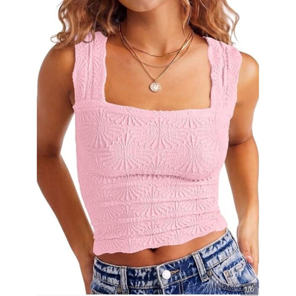 Free People Baby Pink Textured Square-Neck Tank